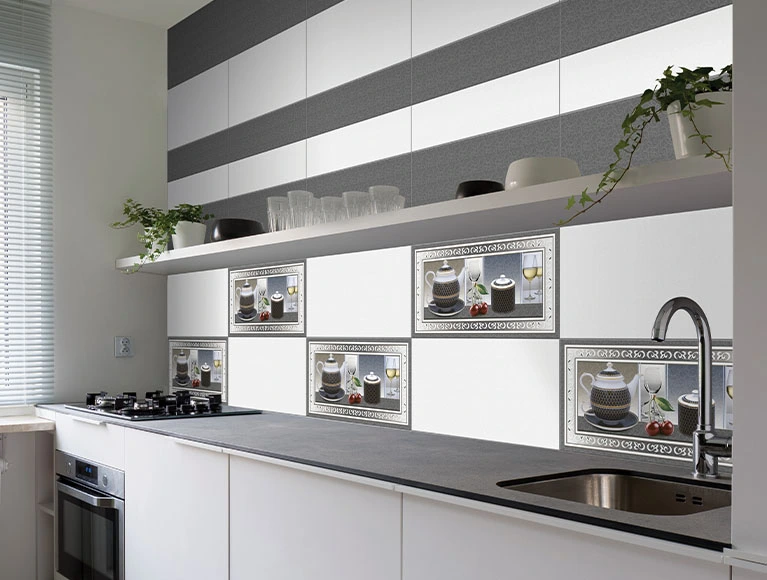 Modern simple kitchen design with a copper sink and geometric backsplash